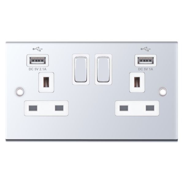 Selectric DSL361 5M Polished Chrome 2 Gang 13A 2x USB-A 2.1A Switched Socket