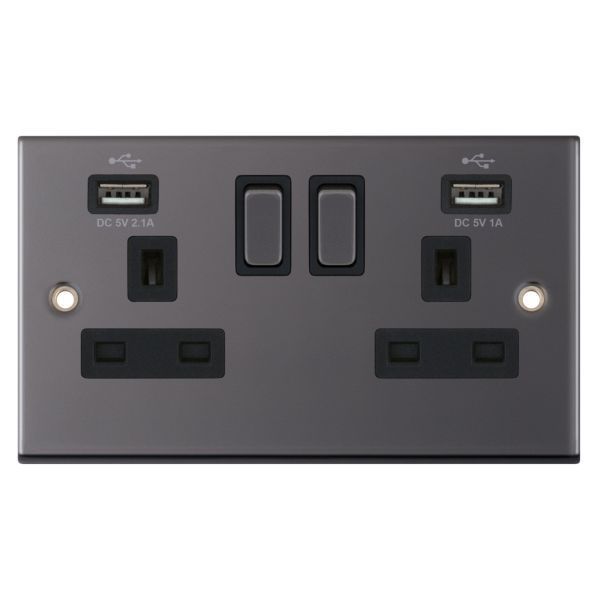 Selectric DSL461 5M Black Nickel 2 Gang 13A 2x USB-A 2.1A Switched Socket