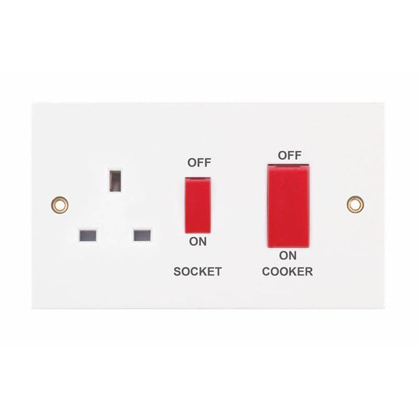 Selectric LG953 5 Pack Square White 45A Cooker Unit 13A Red Rocker Switched Socket (5 Pack, 9.27 each)