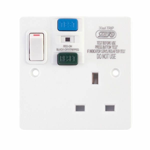 Selectric SPL-2 Square White 1 Gang 13A 2 Pole Passive or Latching RCD Switched Socket
