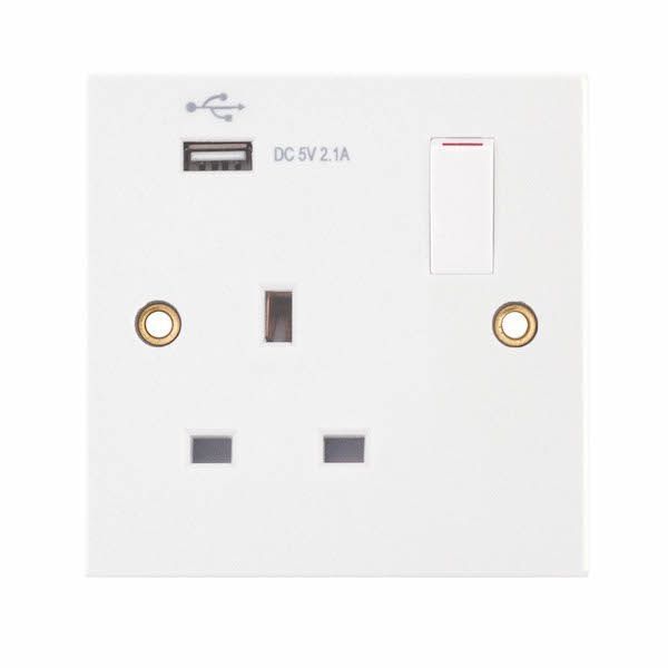 Selectric SQ-USB-1 Square White 1 Gang 13A 1 Pole 1x USB-A 2.1A Switched Socket