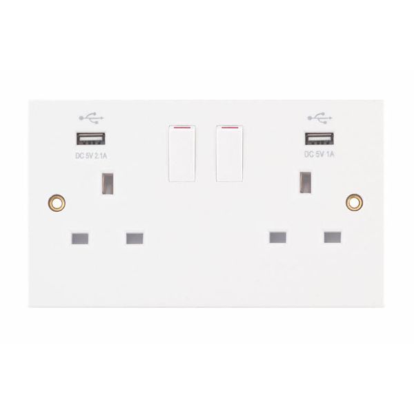Selectric SQ-USB-3 Square White 2 Gang 13A 1 Pole 2x USB-A 3.1A Switched Socket