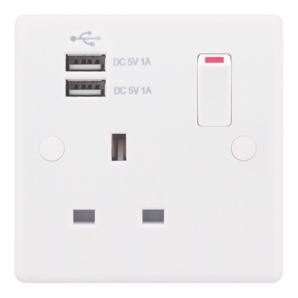 Selectric SSL580 Smooth White 1 Gang 13A 1 Pole 2x USB-A 2.0A Switched Socket