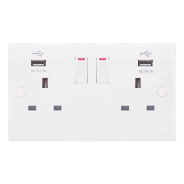 Selectric SSL581 Smooth White 2 Gang 13A 1 Pole 2x USB-A 3.1A Switched Socket