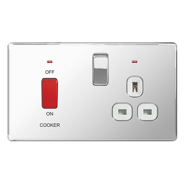 BG Electrical FPC70W Nexus Flatplate Screwless Polished Chrome 45A Switch 13A Switched Socket Neon Cooker Control Unit - White Insert