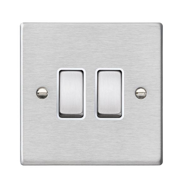 Hamilton 74R22SS-W Hartland Satin Steel 2 Gang 10AX 2 Way Plate Switch - Steel and White Insert