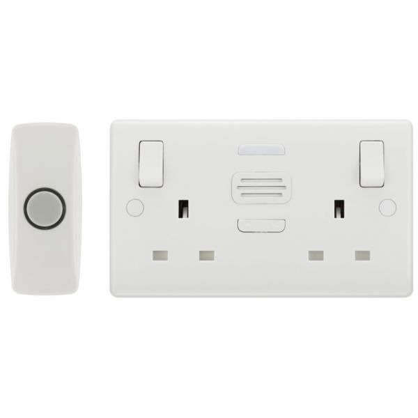 BG Electrical 822BELL Moulded White Round Edge 2 Gang 13A Door Chime Switched Socket