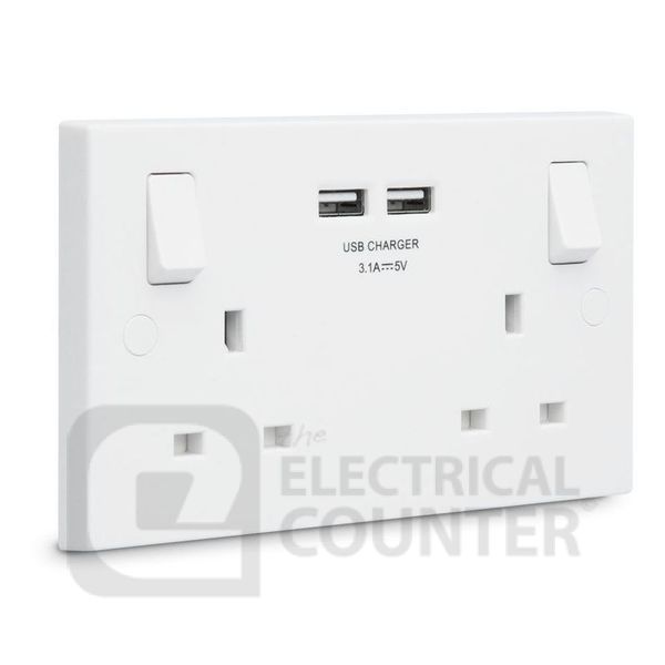 BG Electrical 922U3 Moulded White Square Edge 2 Gang 13A 2x USB-A 3.1A 1 Pole Switched Socket