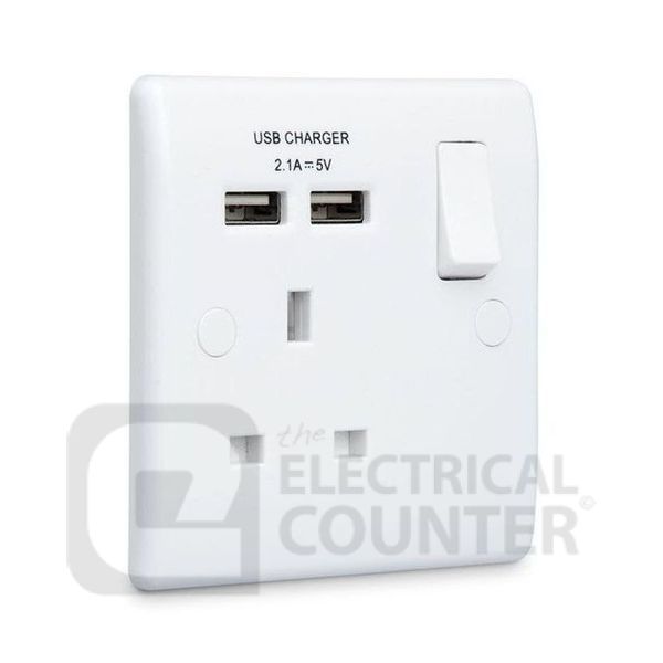 BG Electrical 821U2 USBeautiful 1 Gang Switched Socket Single Pole with 2x 2.1A Type A USB White Rounded Edge 13A