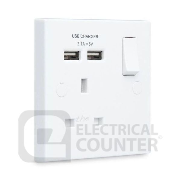 BG Electrical 921U2 USBeautiful 1 Gang Switched Socket Single Pole with 2x 2.1A Type A USB White Rounded Edge 13A