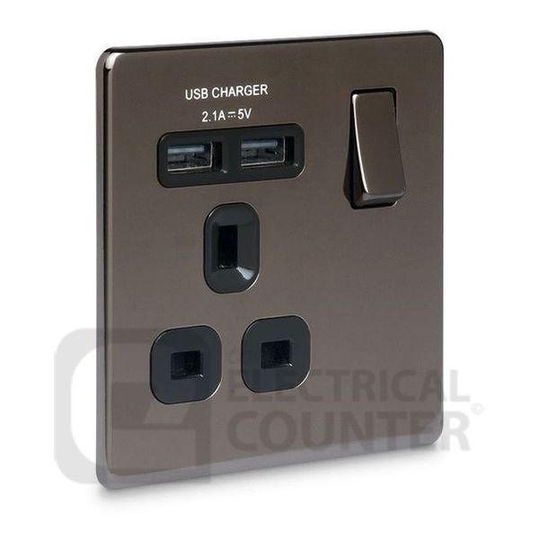 BG Electrical FBN21U2B USBeautiful Screwless Flat-Plate Single Switched Plug Socket Black Nickel Black Insert 2 USB 2.1A
