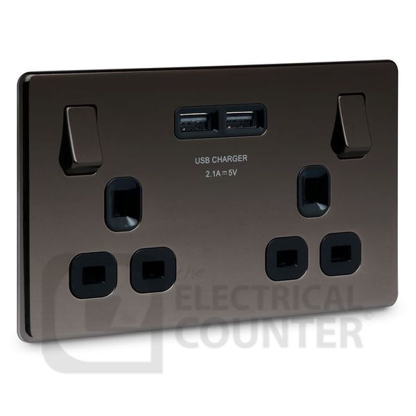 Black Nickel Flat Plate 2 Gang Socket with Black Insert & 2 x USB 3.1A