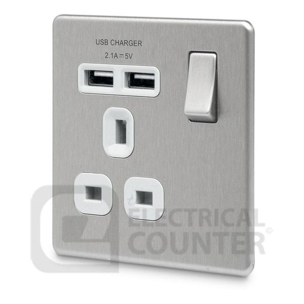 BG Electrical FBS21U2W USBeautiful Screwless Flat-Plate Single Switched Plug Socket Brushed Steel White Insert 2 USB 2.1A