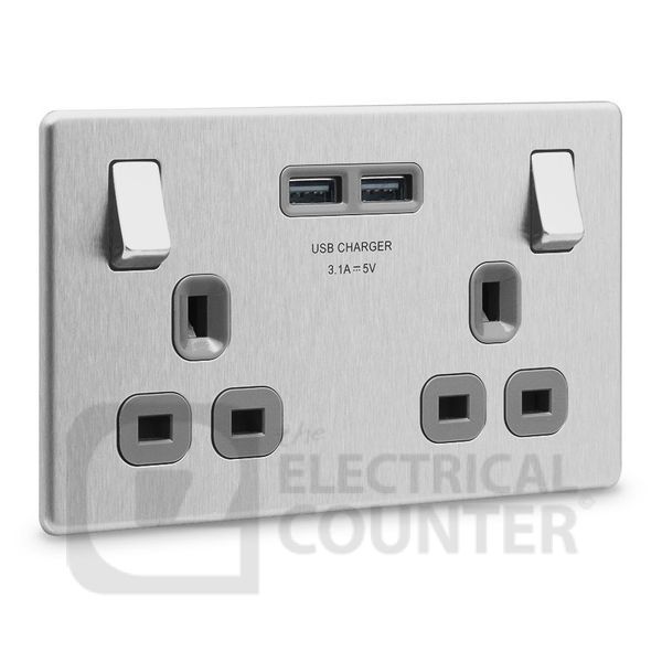 BG Electrical FBS22U3G USBeautiful Screwless Flat-Plate Double Switched Plug Socket Brushed Steel Grey Insert 2 USB 3.1A