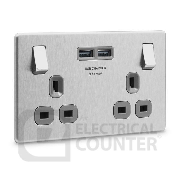 BG Electrical FBS22U3G USBeautiful Screwless Flat-Plate 10 Pack Double Switched Plug Socket Brushed Steel Grey Insert 2 USB 3.1A (10 Pack, 16.93 each)