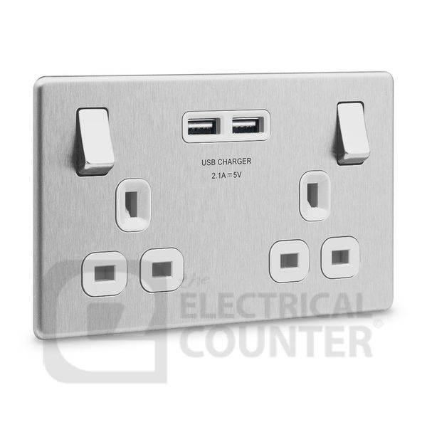 BG Electrical FBS22U3W USBeautiful Screwless Flat-Plate 10 Pack Double Switched Plug Socket Brushed Steel White Insert 2 USB 3.1A (10 Pack, 16.93 each)