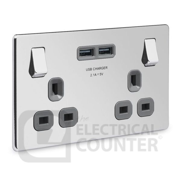 BG Electrical FPC22U3G USBeautiful Screwless Flat-Plate 5 Pack Double Switched Plug Socket Polished Chrome Grey Insert 2 USB 3.1A (5 Pack, 16.57 each)