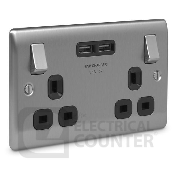 BG Electrical USBeautiful NBS22U3B Nexus Metal 5 Pack Double Switched Plug Socket Brushed Stainless Steel Black Insert 2 USB 3.1A (5 Pack, 17.75 each)