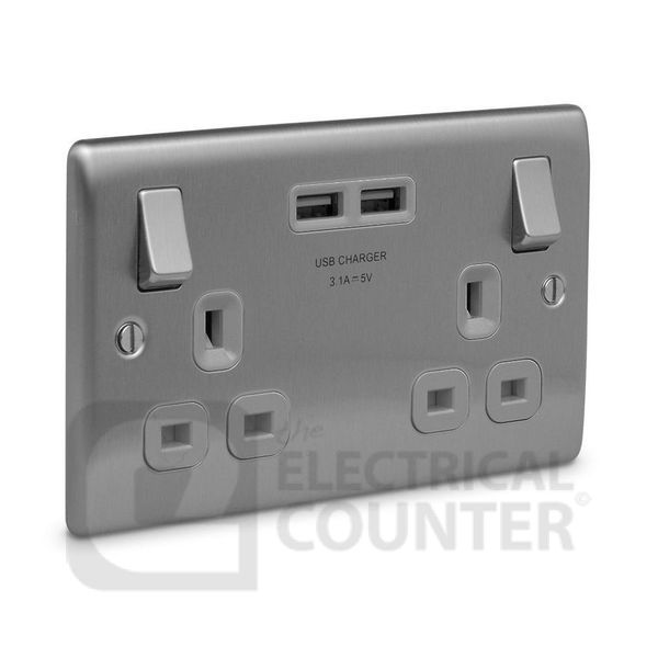 BG Electrical USBeautiful NBS22U3G Nexus Metal Double Switched Plug Socket Brushed Stainless Steel Grey Insert 2 USB 3.1A