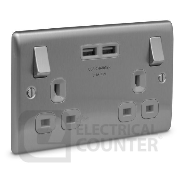 BG Electrical USBeautiful NBS22U3G Nexus Metal 5 Pack Double Switched Plug Socket Brushed Stainless Steel Grey Insert 2 USB 3.1A (5 Pack, 17.75 each)
