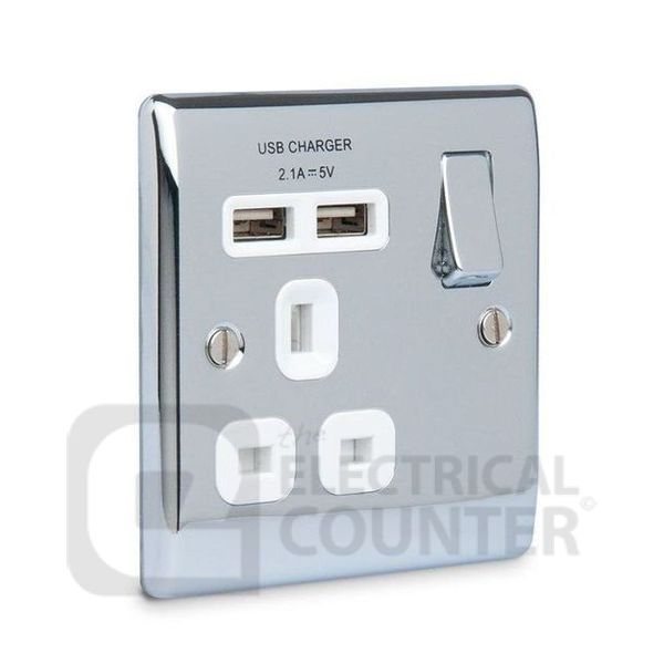 BG Electrical USBeautiful NPC21U2W Nexus Metal Single Switched Plug Socket Polished Chrome White Insert 2 USB 2.1A