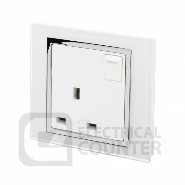 White 13A Single Plug Socket with Switch and Chrome Trim