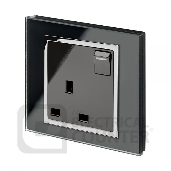 Black 13A Single Plug Socket with Switch and Chrome Trim