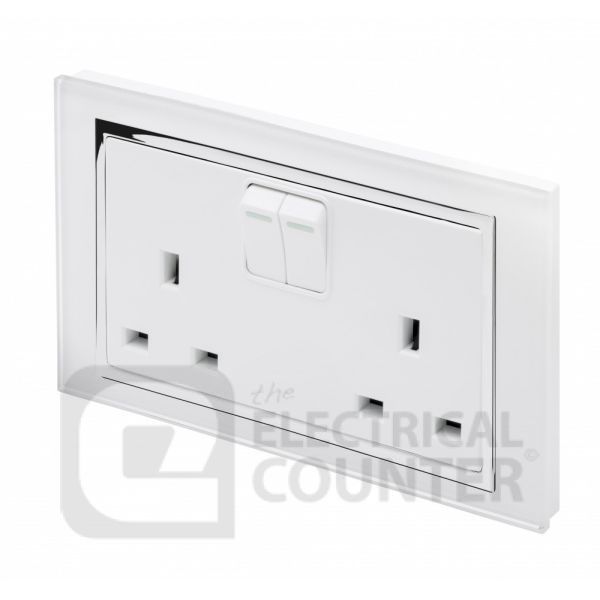 White Double Pole Double Plug Socket with Switch and Chrome Trim