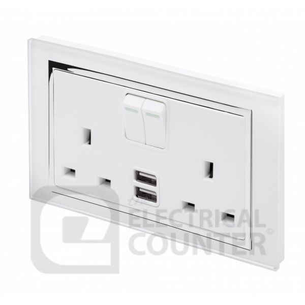 Retrotouch 00658 Crystal White Plain Glass 2 Gang 13A 1x USB-A 1x USB-C 3.1A Switched Socket