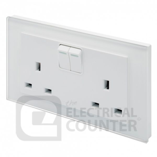 White Double Pole Double Plug Socket with Switch and Glass Surround