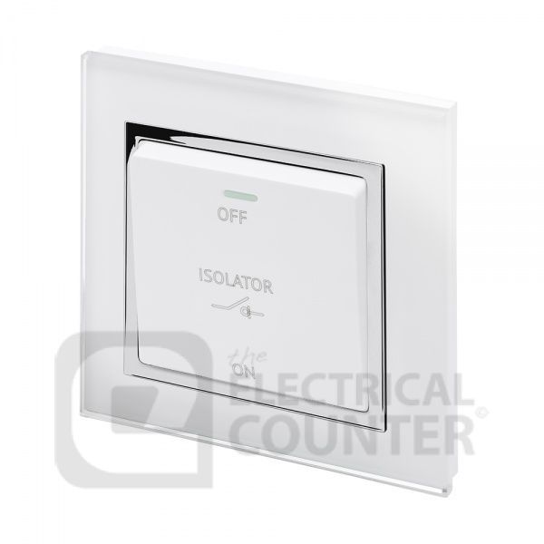 White Fan Isolator Switch with Chrome Trim and Glass Surround