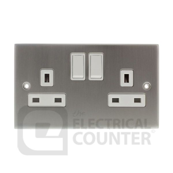 Satin Chrome and White 2 Gang Double Switched DP Socket Outlet 13A