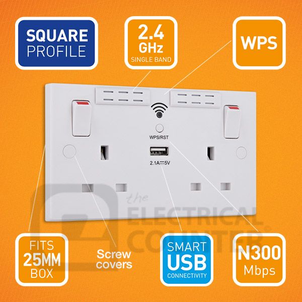 BG Electrical 922UWR Moulded White Square Edge 2 Gang 13A 1x USB-A 2.1A Wi-Fi Range Extender 1 Pole Switched Socket