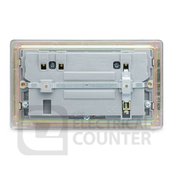 BG Electrical FBS22U3G Nexus Flatplate Screwless Brushed Steel 2 Gang 13A 1 Pole 2x USB-A 3.1A Switched Socket - Grey Insert