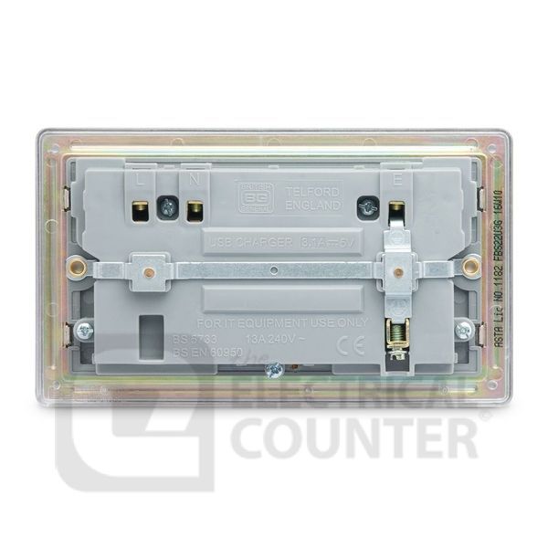 BG Electrical FBS22U3G Nexus Flatplate Screwless 10 Pack Brushed Steel 2 Gang 13A 1 Pole 2x USB-A 3.1A Switched Socket - Grey Insert (10 Pack, 16.93 each)