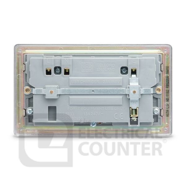BG Electrical FBS22U3W Nexus Flatplate Screwless Brushed Steel 2 Gang 13A 1 Pole 2x USB-A 3.1A Switched Socket - White Insert
