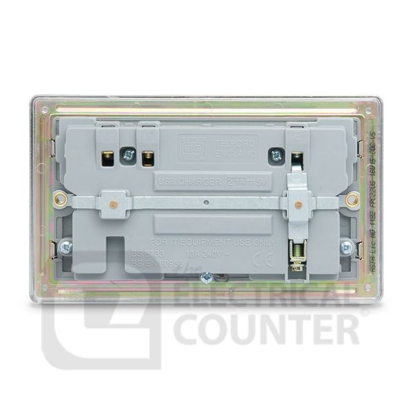 BG Electrical FPC22U3G Nexus Flatplate Screwless Polished Chrome 2 Gang 13A 1 Pole 2x USB-A 3.1A Switched Socket - Grey Insert