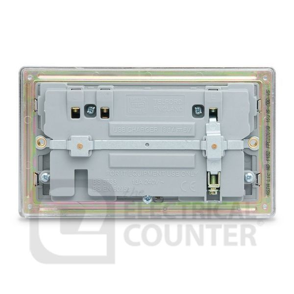 BG Electrical FPC22U3W Nexus Flatplate Screwless Polished Chrome 2 Gang 13A 1 Pole 2x USB-A 3.1A Switched Socket - White Insert