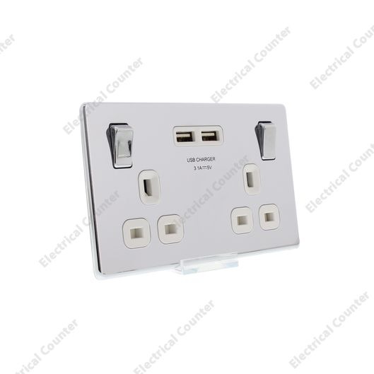 Chrome Double Wall Plug Socket 2 Gang 13A with 2 USB Charger Port Outlets Plate 