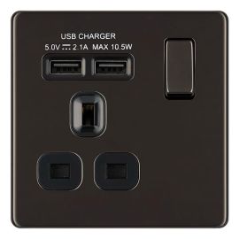 BG Electrical FBN21U2B Nexus Flatplate Screwless Black Nickel 1 Gang 13A 1 Pole 2x USB-A 2.1A Switched Socket