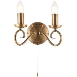 Endon Lighting 180-2AN Trafford Antique Brass IP20 2x60W E14 Twin Wall Light with Pull Cord Switch