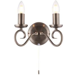 Endon Lighting 180-2AS Trafford Antique Silver IP20 2x60W E14 Twin Wall Light with Pull Cord Switch image