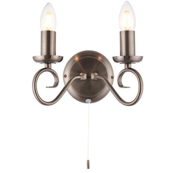 Endon Lighting 180-2AS Trafford Antique Silver IP20 2x60W E14 Twin Wall Light with Pull Cord Switch