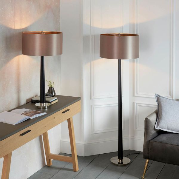Endon Lighting CHASSELAS Corvina Walnut Effect Wood Mink Faux Silk Shade 60W B22 Floor Lamp