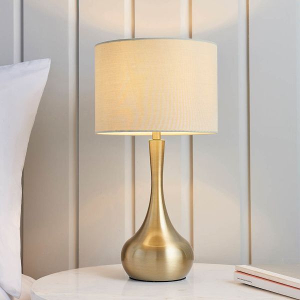 Endon Lighting 61191 Piccadilly Soft Brass IP20 40W E14 Taupe Cotton Mix Shade Touch Table Lamp