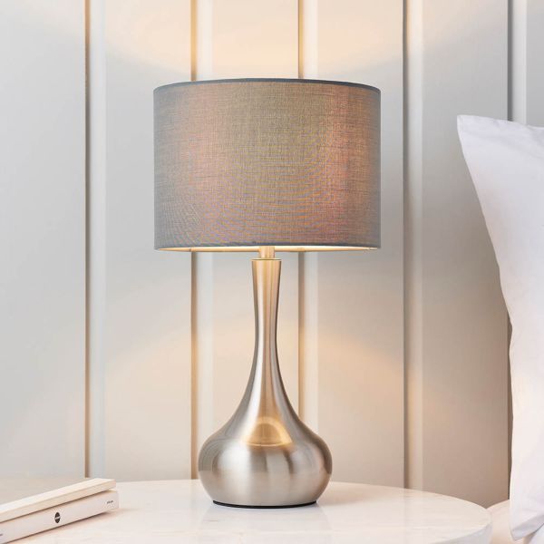 Endon Lighting 61192 Piccadilly Satin Nickel IP20 40W E14 Dark Grey Cotton Mix Touch Table Lamp