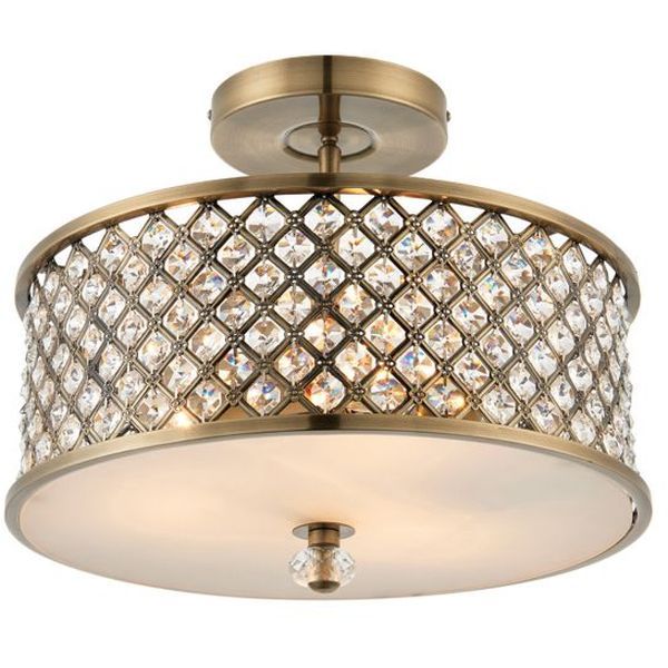 Endon Lighting 70558 Hudson Antique Brass 3x60W Semi-Flush Ceiling Light with Crystal Beads