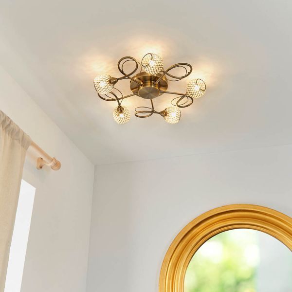 Endon Lighting 73757 Aherne Antique Brass 5x33W G9 Clear Dimmable Semi-Flush Ceiling Light